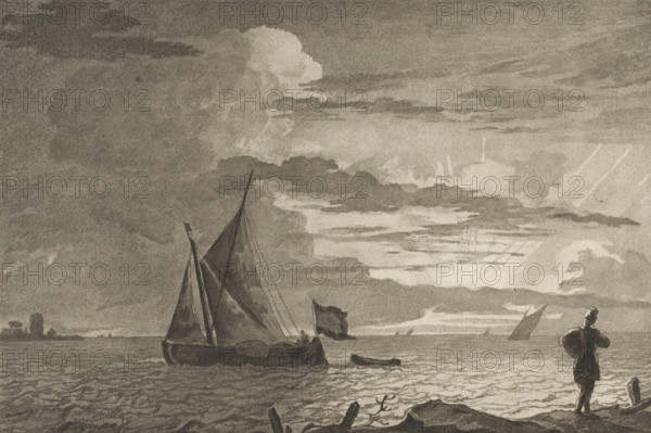Man with sack on shoulder at sunrise, print, On the right in the foreground a man with a sack on