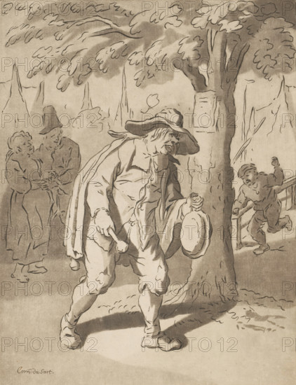 Claimer, print, A town crier with percussion by a tree. People listening in the background. The