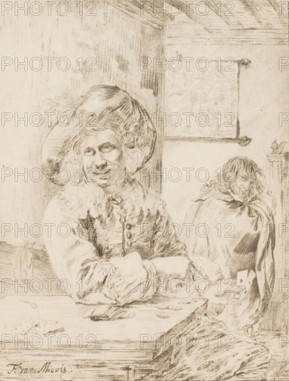 Card players, print, A card player with playing cards in hand and on the table. In the background a