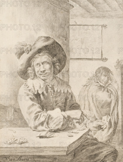 Card players, print, A card player with playing cards in hand and on the table. A man in the