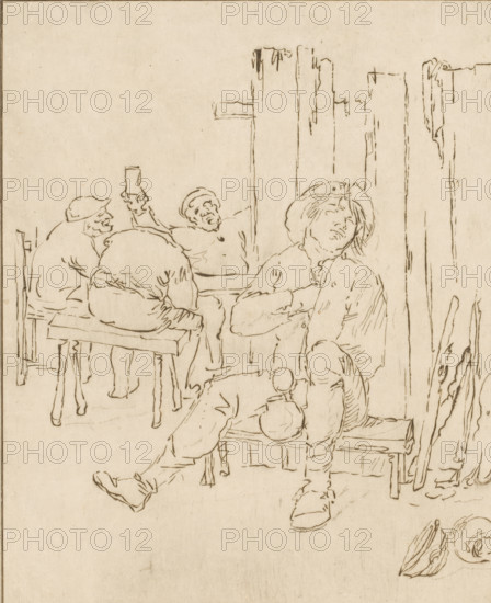 Drunken farmer in inn, print, A farmer sits on a low bench in an inn, with a jug in his hand. In