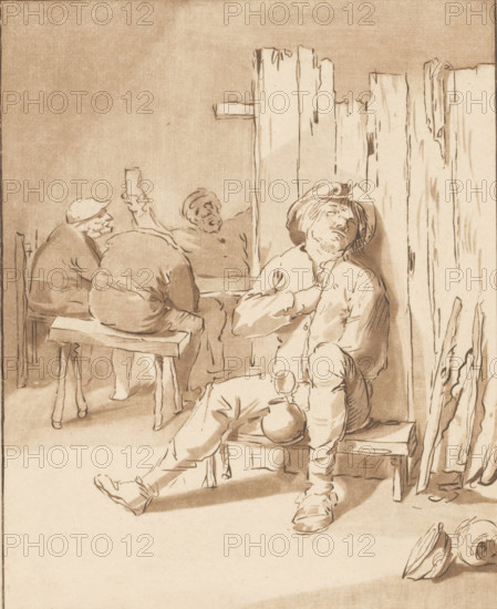 Drunken farmer in a tavern, print, A farmer sits on a low bench in a tavern, with a jug in his hand