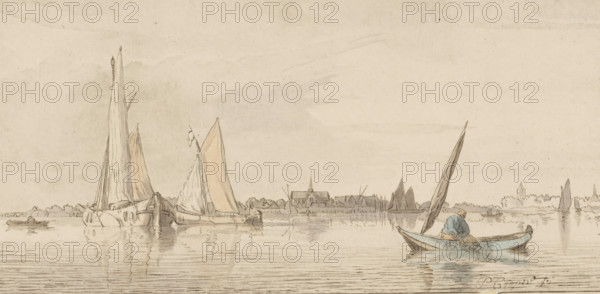 River view, print. Sailing ships are sailing on the water. On the horizon, a city with a church.