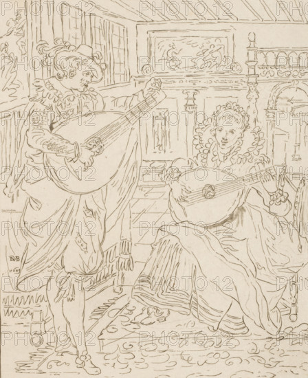 Gentleman and lady playing the lute, print, Interior with a man and a woman, both playing the lute.