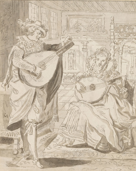 Gentleman and lady playing the lute, print, Interior with a man and a woman, both playing the lute.