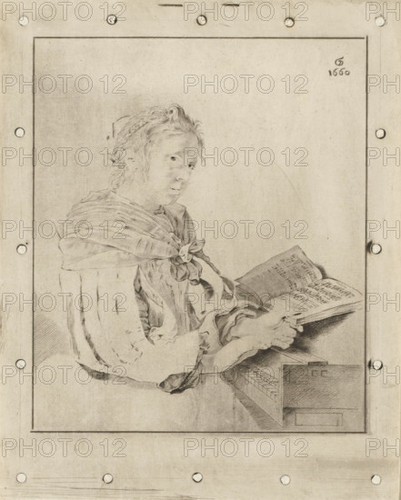 Piano player, print, A woman, dressed in a dress with slit sleeves, at the keyboard. Only the black