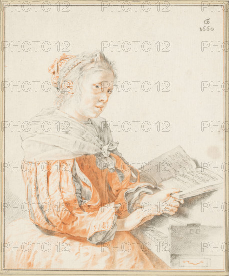 Piano player, print, A woman, dressed in a gown with slit sleeves, at the piano. The print lies