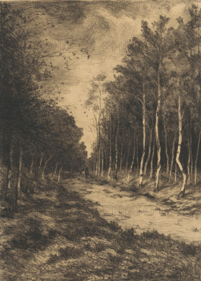 Forest path with two riders, Berkenlaan, print, inscription: '1.-', printmaker: Gerarda Wilhelmina