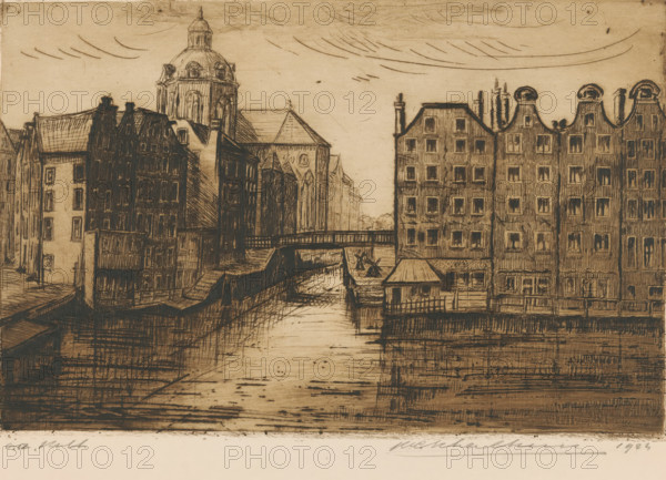 View of the Oudezijds Kolk and the St. Nicholas Church in Amsterdam, print, Seen from the Armbrug
