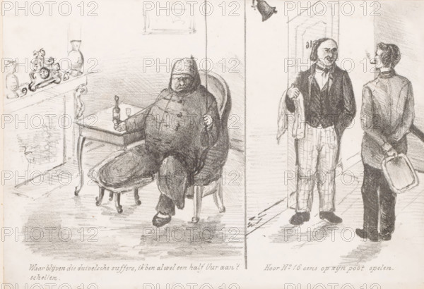 Angry wounded man rings the bell, Loose sketches, print, Two scenes on a sheet. A frustrated