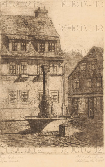 Alt Weimar, Cityscape with fountain in Weimar, print, printmaker: Octavia Cornelia Suzanna Hofstede