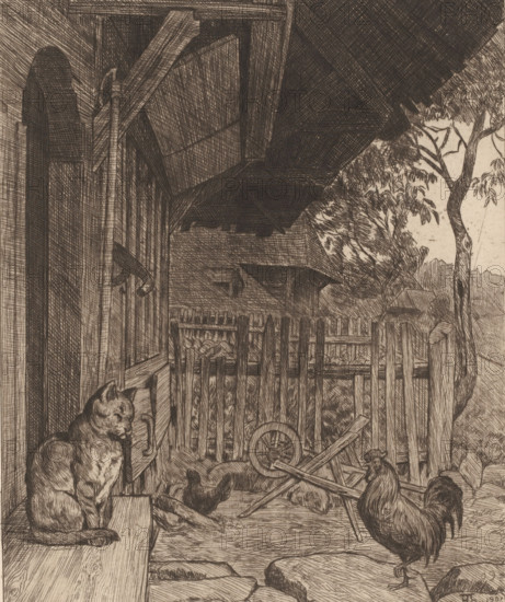 Cat and rooster in front of a house, print, printmaker: Hans Thoma, Karlsruhe (possibly), 1901,