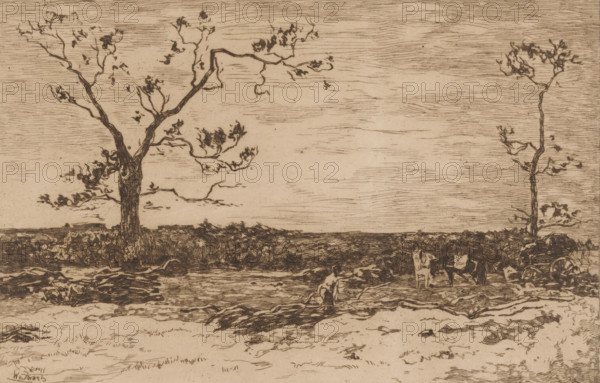 Landscape with bare trees and woodcutters, Loading coppice (original title), print, printmaker: