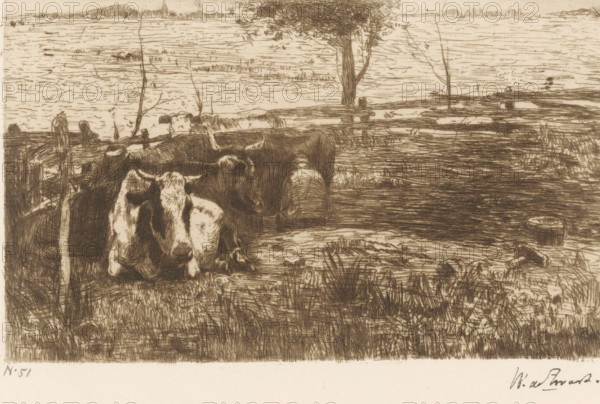 Milking Farmer (original title), Cows in a Meadow with a Milking Farmer, print, printmaker: Willem