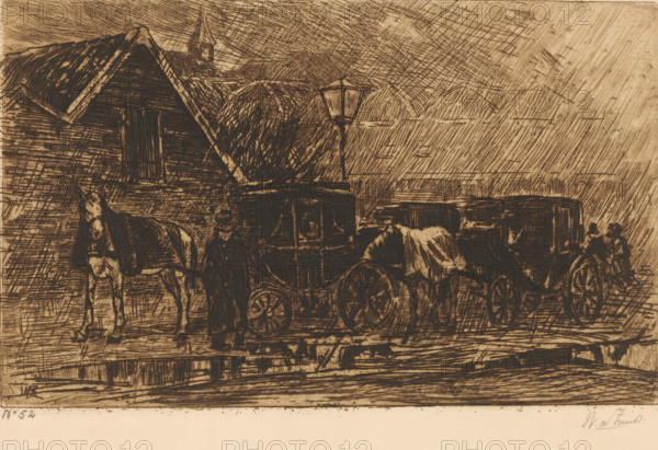 Carriages in a street in the rain, Carriages in the rain (original title), print, printmaker: