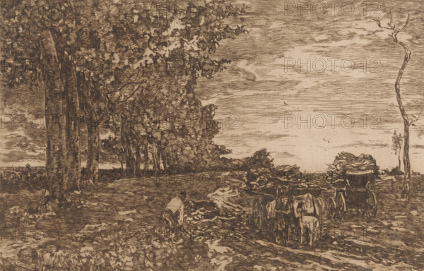 Loading Coppice (original title), Landscape with man and two carts with coppice, print, printmaker:
