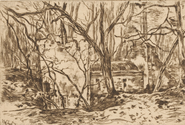Ruins, seen from the side (Lage Vuursche) (original title), Ruins in a forest, print, printmaker: