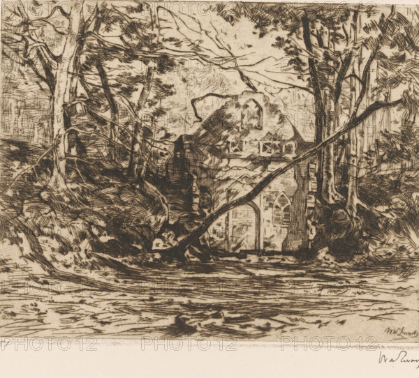 Ruins in a forest, Ruins with uprooted tree (Lage Vuursche) (original title), print, printmaker: