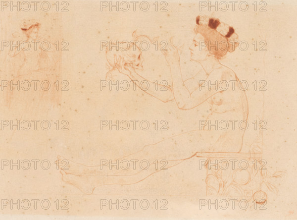 Naked woman looking at a skull in her hand, print, printmaker: Armand Rassenfosse, 1895, paper,