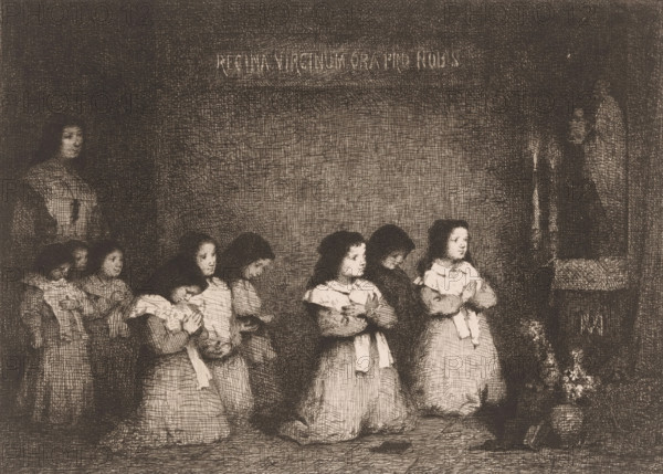 The Prayer, Group of girls in prayer before a statue of the Virgin Mary, Eaux-Fortes Modernes:
