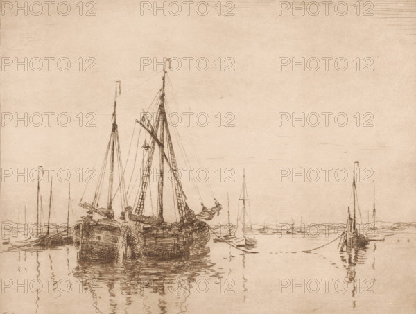 Harbour, Norderney (original title), Harbour with moored two-masted ship, print, printmaker: Willem