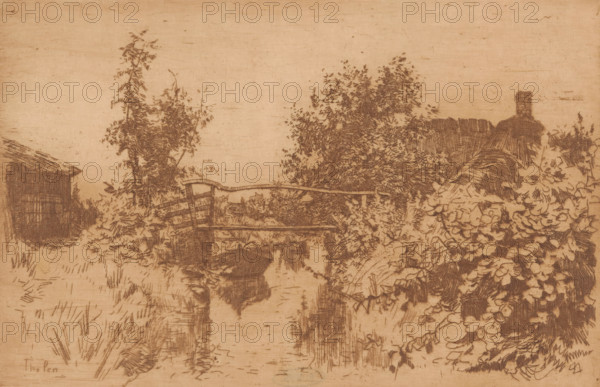Bridge over a canal in a landscape with trees, houses, and shrubbery, Giethoorn (original title),