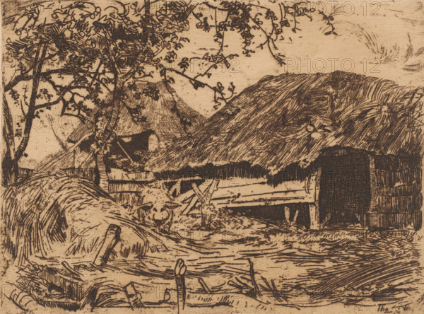 Pigsty (original title), Pigsty at farm, print, printmaker: Willem Bastiaan Tholen (signed by