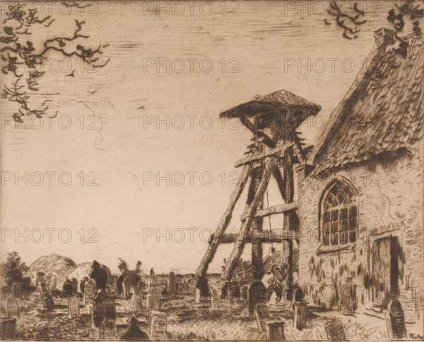 Church with churchyard and bell tower, Churchyard with bell tower, Giethoorn (original title),