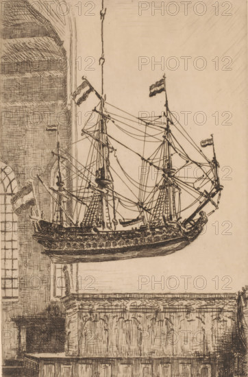 Ship model in the Great Church, in Blokzijl, Ship in church (original title), print, printmaker: