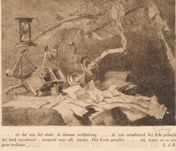 End (original title), Still life with falling and broken objects, print, With caption., printmaker: