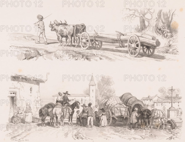 Two oxen transport logs and village square with covered wagons, horses, and figures, Examples of