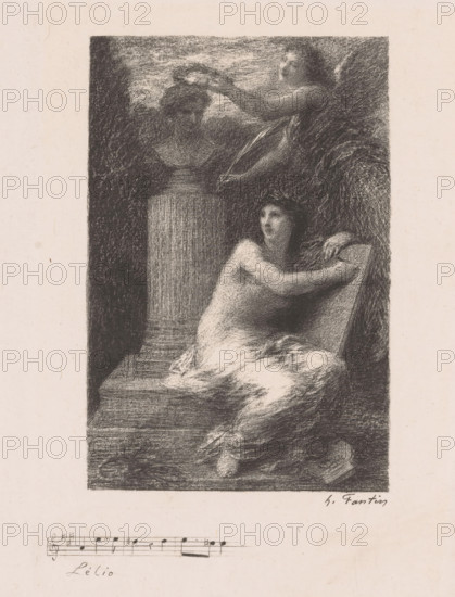 Music and Fame honor Hector Berlioz at his bust, Lélio, À Berlioz, print, printmaker: Henri