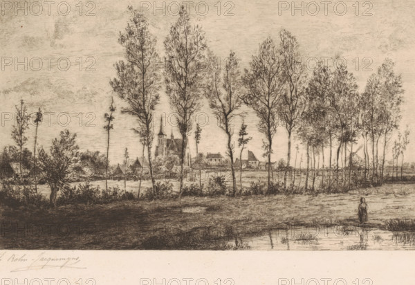 View of Meerle with a row of trees and water in the foreground, print, printmaker: Emilie