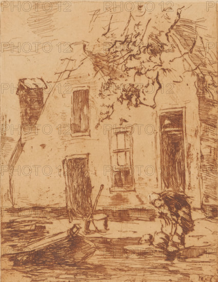 Woman washing in front of a farmhouse, Woman at work (original title), print, printmaker: Willem de
