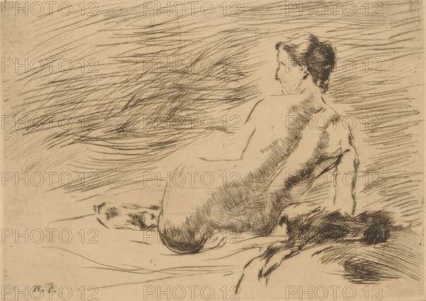 Lying nude (original title), Lying nude woman, print, printmaker: Willem de Zwart (signed by