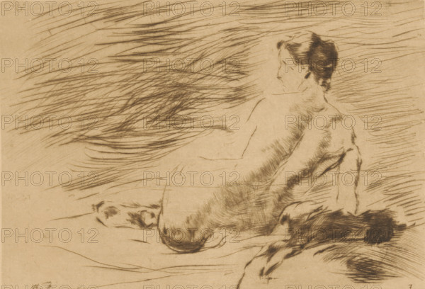 Lying naked woman, Lying nude (original title), print, printmaker: Willem de Zwart (signed by