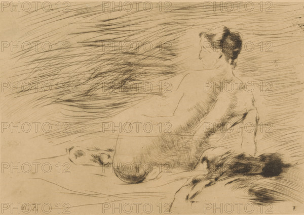 Lying nude (original title), Lying nude woman, print, printmaker: Willem de Zwart (signed by