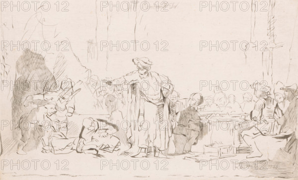 Standing man in an inn having someone gagged, print, printmaker: Johann Daniel Laurentz, after