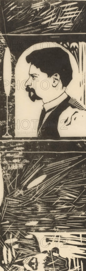 Self-portrait, print, Self-portrait with goatee in profile. Below that a dark area with stripes.,