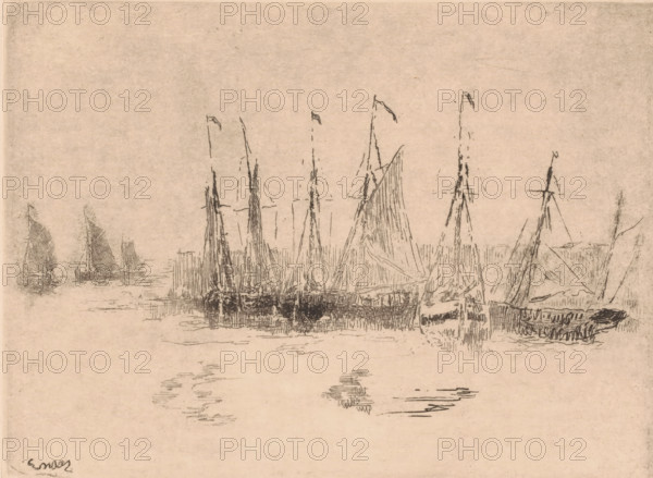 Les chaloupes, Sailboats in the water, print, printmaker: James Ensor, 1888, paper, etching,