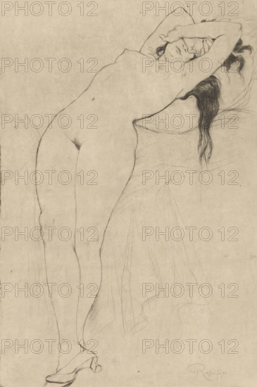Nude woman with hands covering her face and her upper body resting on a cushion, Le Léthé, print,