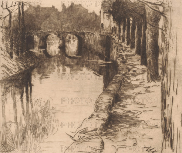 Old bridge in Diksmuide, Vieux Pont, Old bridge over a canal in Diksmuide, print, watermark: 'Van