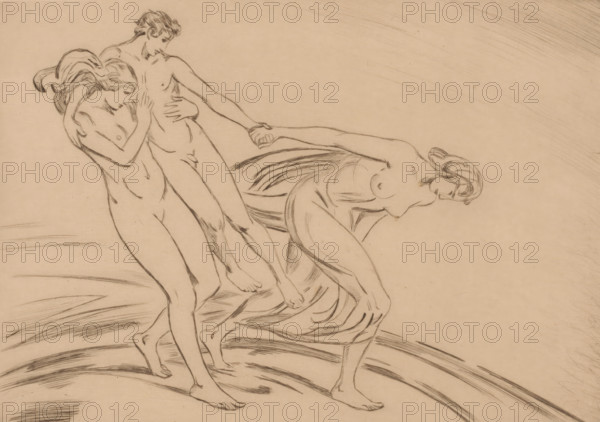 Two women kidnap a man, print, printmaker: Ludwig von Hofmann (signed by artist), 1871 - 1945,