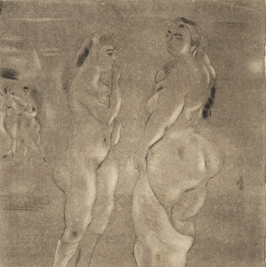 Á Lesbos (original title on object), print, Two standing naked women. Two more women can be seen in