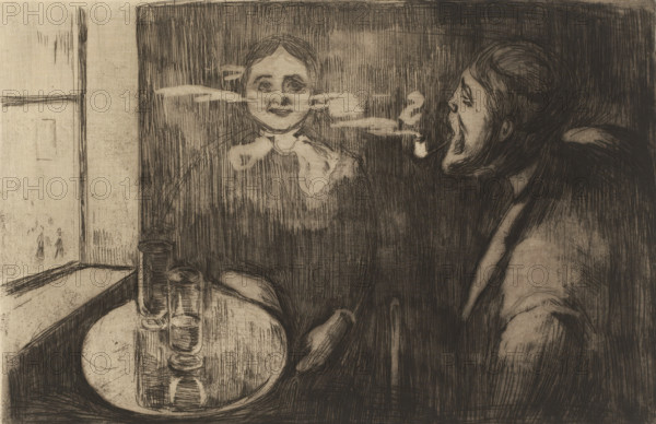 Woman and pipe-smoking man at a table, Tête-à-Tête (original title), print, The man in the print is