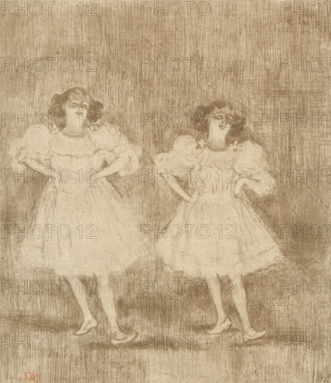 Two dancing young women with hands on hips, print, inscription: 'VR', inscription: 'Ep. no 6',