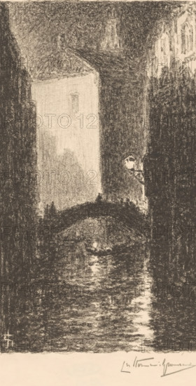 Bridge in Venice at evening, print, A lantern hangs on a wall on the right., number: '72',