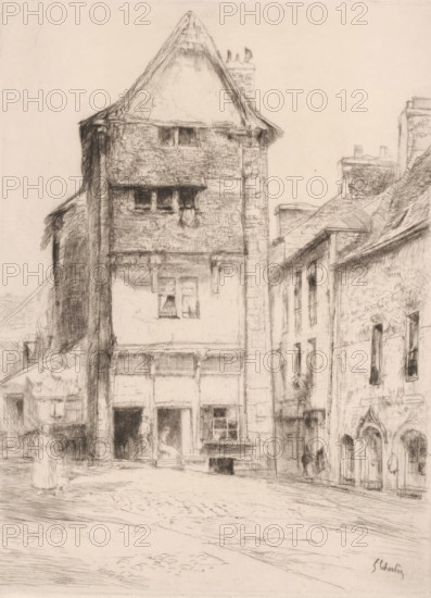 View of a square in Paimpol, La petite place à Paimpol, print, printmaker: Gustave Leheutre (signed