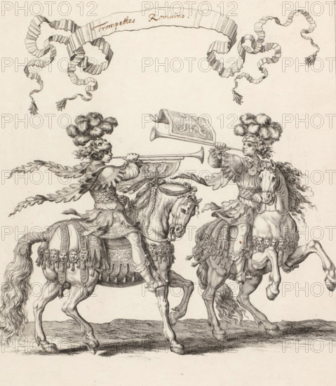 Trumpeters on horseback in Roman costume, Trompettes romains, print, book illustration,