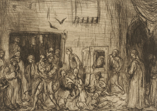 Woman in sedan chair, print, A veiled woman is being carried down the street in a sedan chair by
